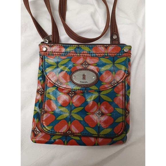 Fossil Key-PerFloral Petite Crossbody Purse Bag Retro Coated Canvas Adj Strap - Picture 1 of 6